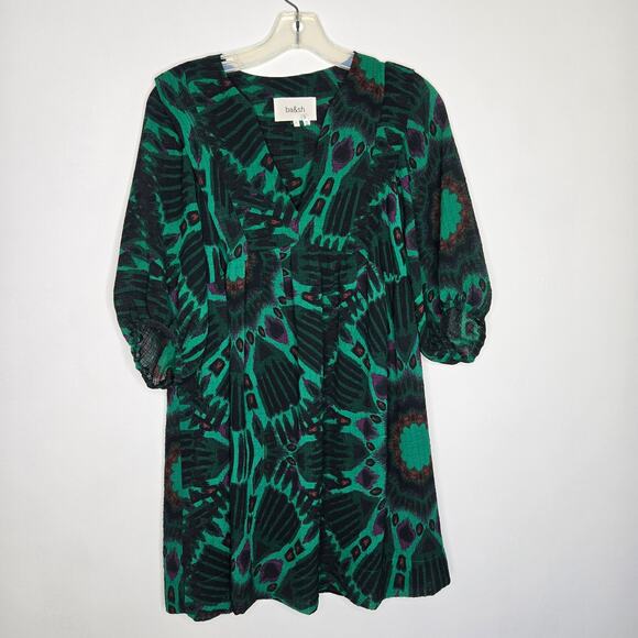 ba&sh Cleo Mini Dress Printed Green Peacock Relaxed Flowing Women Small - Picture 10 of 13
